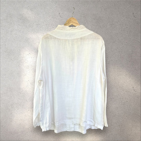FLAX White V Neck Long Sleeve Braided Neck Button Up Shirt in White - Picture 2 of 8